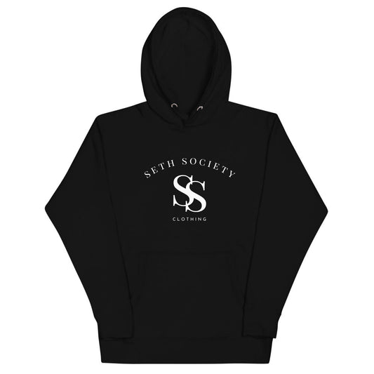 Black Hoodie White Logo, Seth Society Clothing, Trendy Fashion